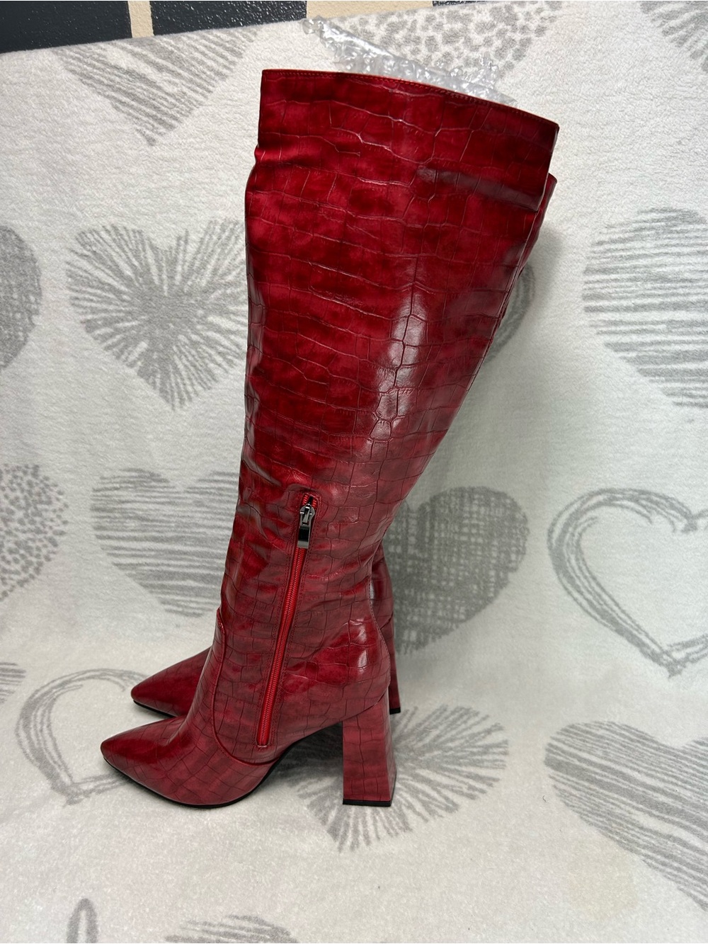 NWOT Red Croc pattern knee high heeled boots Sz 43 or 12-12.5Womans